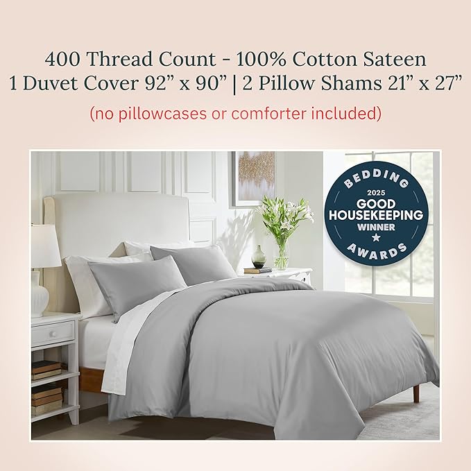 California Design Den 3 Pc Duvet Cover Set Queen Size/Full Size - Winner Good Housekeeping Best Bedding Awards 2025, 400 Thread Count Sateen, 100% Cotton, Button Closure, Corner Ties - Light Grey