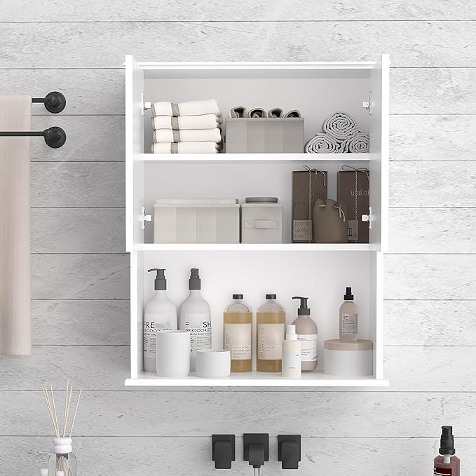 Bathroom Wall Cabinet Wooden with 2 Doors,Over the Toilet Storage Cabinet,Bathroom and Laundry Wall Mount Storage Medicine Cabinet with Open and Adjustable Shelf,Easy Assembly (Style A -1 PC, White)