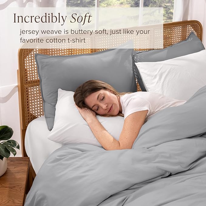 Bare Home 100% Organic Cotton Jersey Duvet Cover Set - Ultra Soft - 100% Cotton - 3pcs - Corner Ties - Button Closure - Bed Duvet Cover & Pillow Shams (King/Cal King, Light Grey)