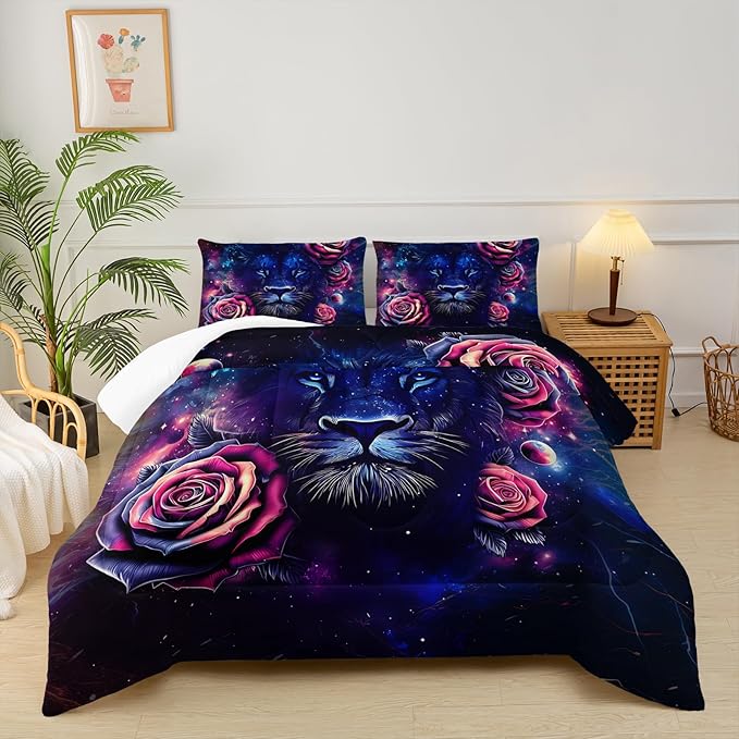 Black and Red Galaxy Roses Lion Comforter Set Full Size，Full Size Bedding Set Animal Print，Jungle Animal Bedroom Decor，with 1 Comforter with 2 Pillow Case