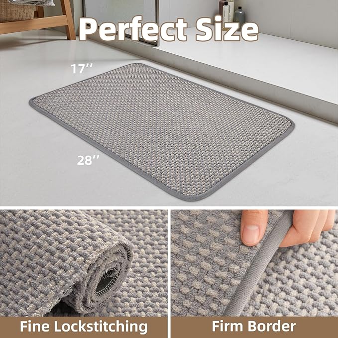 PADOOR-Bath Mat-Super Absorbent Chenille Bathroom Mats-Rubber Backed Bath Mats for Bathroom Non Slip, Easy Clean Bathroom Rugs Front of Bathtub,Shower Room,Sink-17×28, Grey&Beige