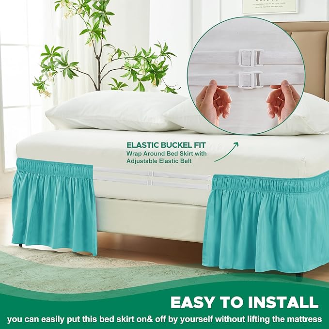 Biscaynebay Wrap Around Bed Skirts for Full & Full XL Beds with Short Drop of 12", Aqua Adjustable Elastic Dust Ruffles Easy Fit Wrinkle Resistant Silky Luxurious Fabric Machine Washable