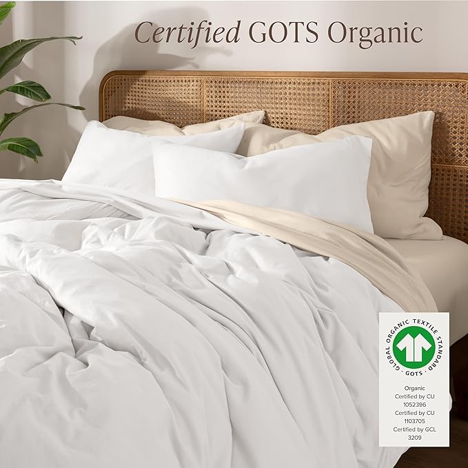 Bare Home 100% Organic Cotton Jersey Duvet Cover Set - Full/Queen Size - Ultra Soft - 100% Cotton - 3pcs - Corner Ties - Button Closure - Envelope Pillowcases (Full/Queen, White)
