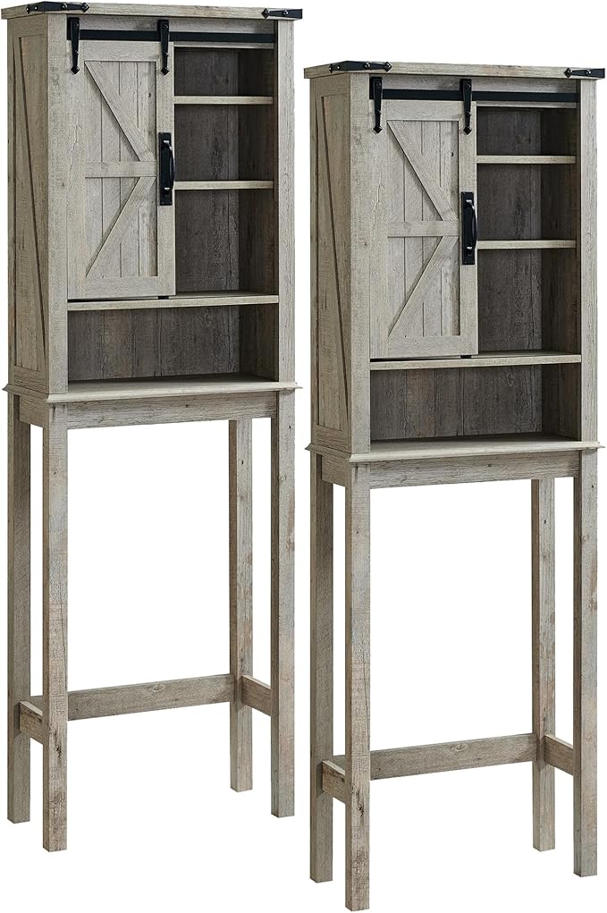 RedLemon Farmhouse Over The Toilet Storage Cabinet Set of 2, 68" Tall with Sliding Barn Doors & Adjustable Shelves, Rustic Above Toilet Storage Cabinet, Light Rustic Oak