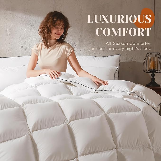 Goose Feather Down Fiber Cotton Comforter Queen Size, Ultra-Soft Duvet Insert, Hotel Collection White Quilted Comforter, All Season Bedding Comforter with 8 Corner Loops, 90x90 Inch
