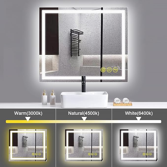 Wall-Mounted LED Square Bathroom Mirror, Makeup Mirror (36inches x 30inches,) 3 Color Stepless Dimmable Memory Bathroom Vanity Mirror with Lights CRI90+ 3000-6400K Smart Mirror with Touch