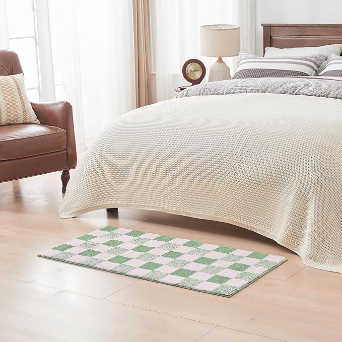 CozeCube Bath mats for Bathroom Non Slip, Fluffy Absorbent Microfiber Bath mat Washable, Aesthetic Bathroom Rugs, Large Sage Green Checkered Bath mat, Sage Green, 36" x 24"