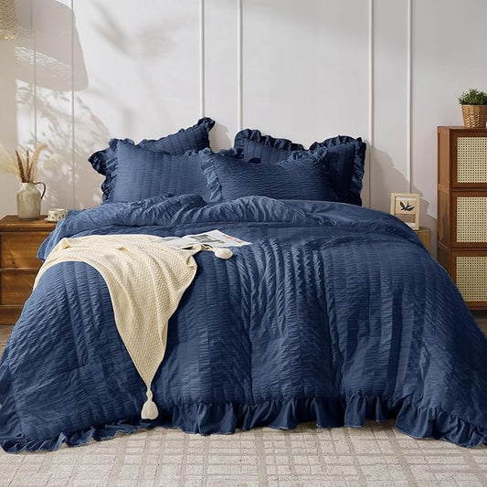 JOLLYVOGUE Navy Blue Twin Size Comforter Set, 2 Pieces Seersucker Lightweight Fluffy Bedding Set, Twin Ruffle Comforter, All Season Soft Microfiber Shabby Chic Bed Set