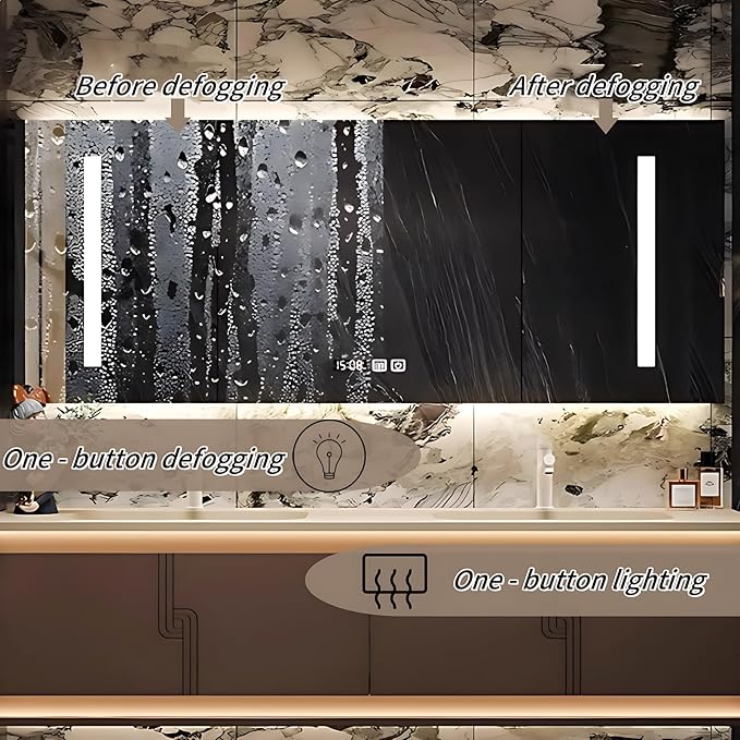 68IN Bathroom Vanity Set with Sink, Smart Defogging Vanity Mirror with 2 Light Strips | with Motion Sensing Light Strips, Bathroom Double Vanities with Sink Includes 2 Drawers (Mirror Cabinet)