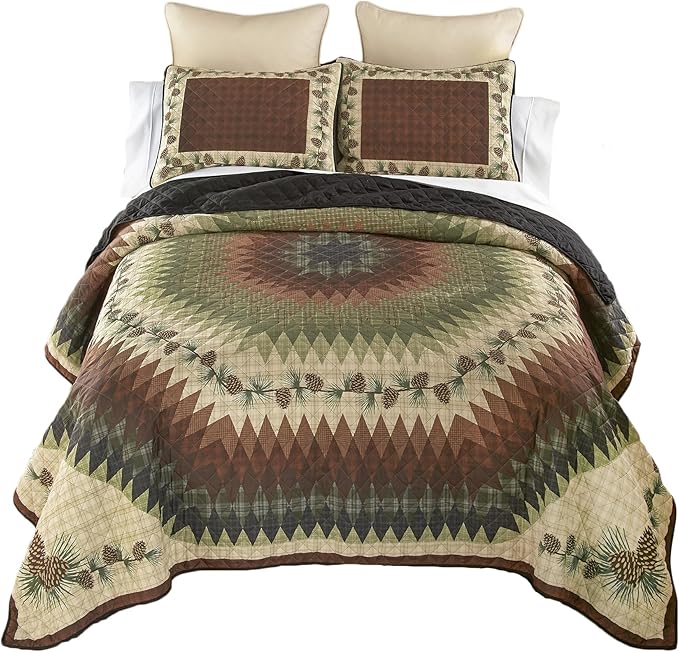 Donna Sharp Pine Circle Polyester Quilted Bedding Set - 3-Piece King Size Quilt Set - Includes 1 Quilt and 2 King Pillow Shams - Machine Washable - Traditional Design