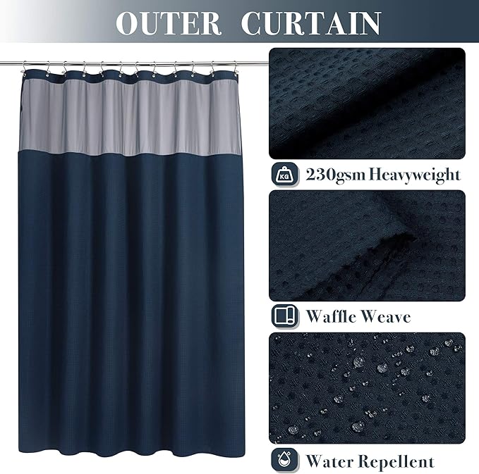 N&Y HOME Extra Long Waffle Weave Shower Curtain with Snap-in Fabric Liner Set, 12 Hooks Included - 71" x 84", Hotel Style, Mesh Top Window, Machine Washable & Water-Repellent - 71x84, Navy Blue