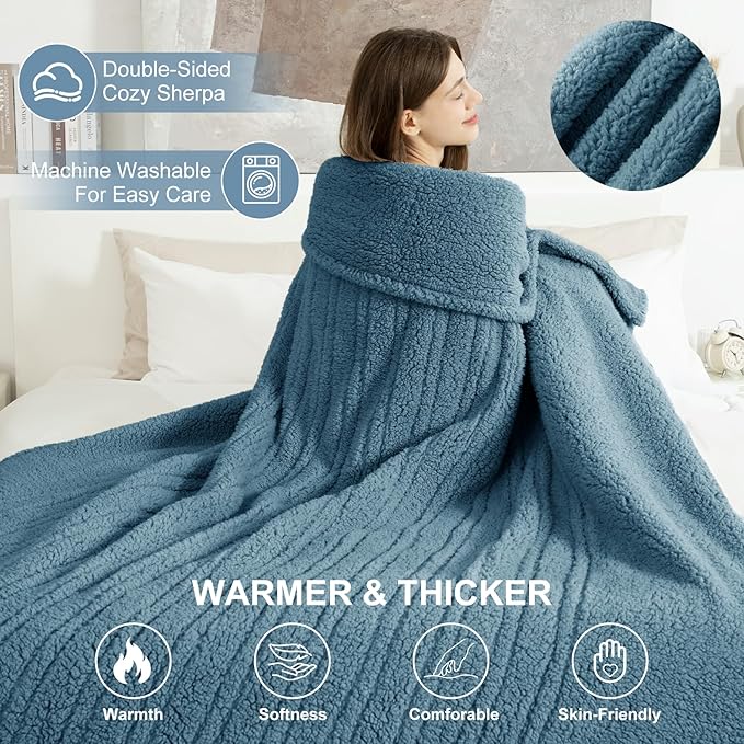 Heated Blanket Twin 62"X84" - Soft Double Sided Sherpa Electric Blanket Twin with 5 Heatings Levels & 10 hrs Auto Shut Off, Fast Heating & ETL Certified, Gift for Women(Blue)