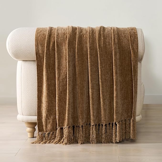 EVERGRACE Soft Chenille Throw Blanket for Couch, Cozy Plush Fuzzy Decorative Chenille Knit Throw Blanket with Tassels, Lightweight Blanket and Throws for Bed Sofa Gift Home Decor, Khaki 60"x80"