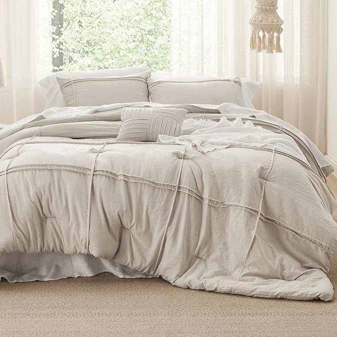 Bedsure Beige Queen Comforter Set - 4 Pieces Grid Pleated Bed Set, Down Alternative Bedding Sets for All Season, 1 Comforter, 2 Pillowcases, 1 Decorative Pillow