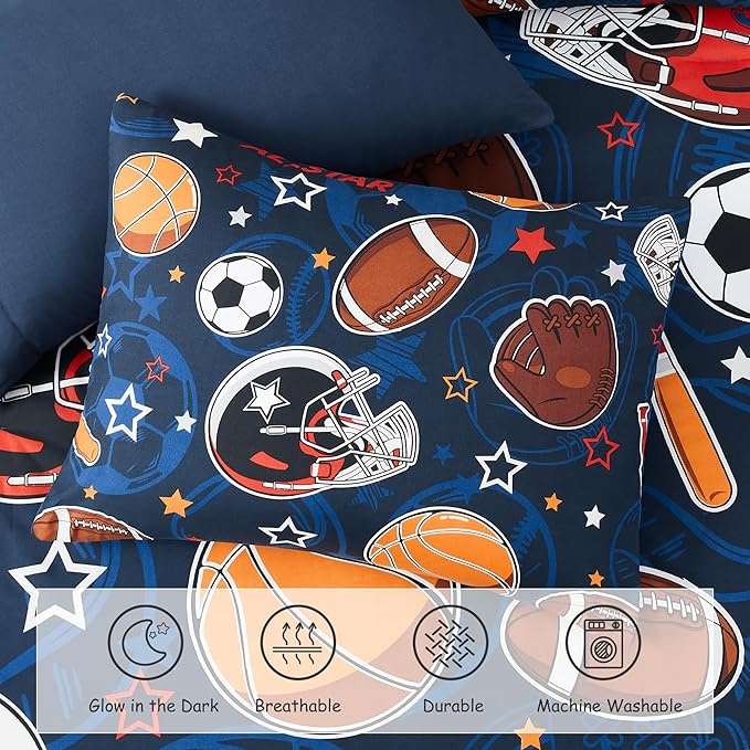 Twin Comforter Set for Boys-5 Pieces Sports Ball Games Glow in The Dark Twin Bedding Sets for Kids, Ultra Soft Bed in A Bag with Sheets