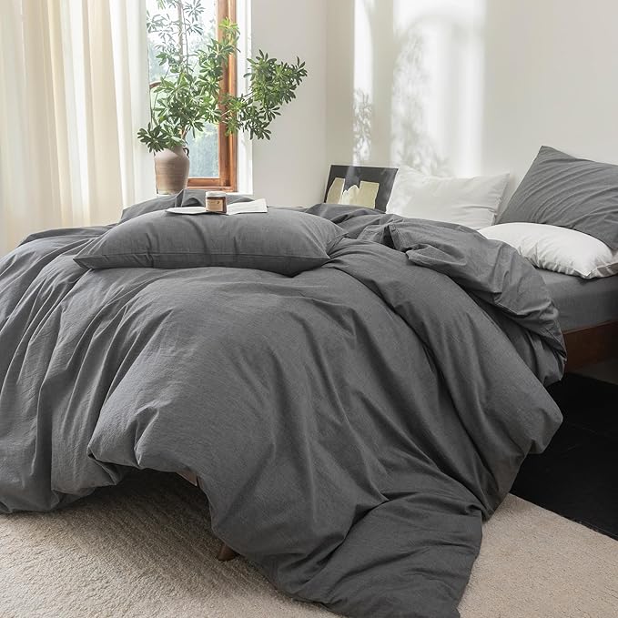 FOSSA Duvet Cover Set 100% Washed Cotton Linen Feel Super Soft Breathable Cozy 3 Pieces Bedding Sets Solid Dark Grey Super King Plus