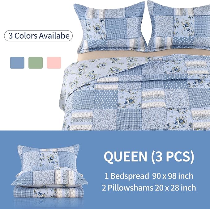 ENJOHOS Blue Floral Quilt Set Queen Size, 3 Pieces Plaid Flower Queen Bedspread for All Seasons, Patchwork Reversible Coverlet Lightweight Bedding for Queen Size Bed with 2 Pillow Shams