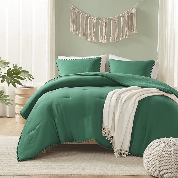 Codi Emerald Green King Comforter Set - Boho Chic Bedding with Elegant Pom Fringe, Soft Washed Microfiber 3pc Luxury Set, Lightweight & Breathable for Master Bedroom, 1 Comforter & 2 Pillow Shams