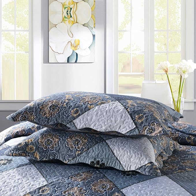 ENJOHOS Navy Blue Plaid Floral Quilt Set King Size 98"x106", 3 Pcs Boho Bedspread Coverlet Set for All Season, Patchwork Reversible Bedding Set King