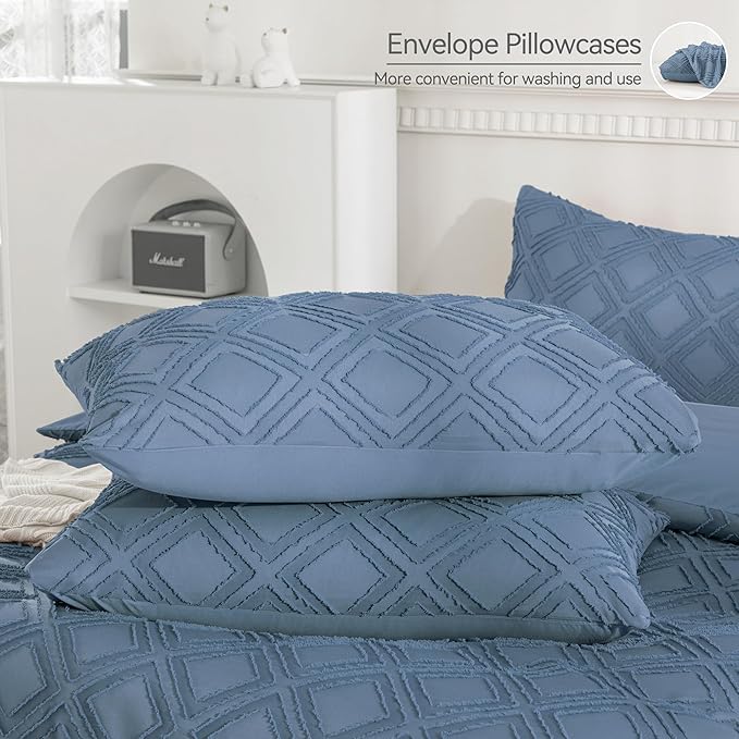 JELLYMONI Duvet Cover Queen Size Blue - 3PCS Boho Duvet Cover Set Plaid Polyester Tufted Bohemian Jacquard Knit Textured Comforter Cover 90×90in Rhombic Geometric Pattern Zipper Corner Tie