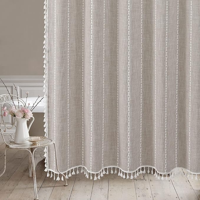 MitoVilla Boho Extra Long Shower Curtain 72 x 96, Taupe Modern Farmhouse 96 inch XL Polyester Linen Texture Tassel Fabric Shower Curtain Set with Hooks for Cottagecore Country Bathroom Decor,Taupe