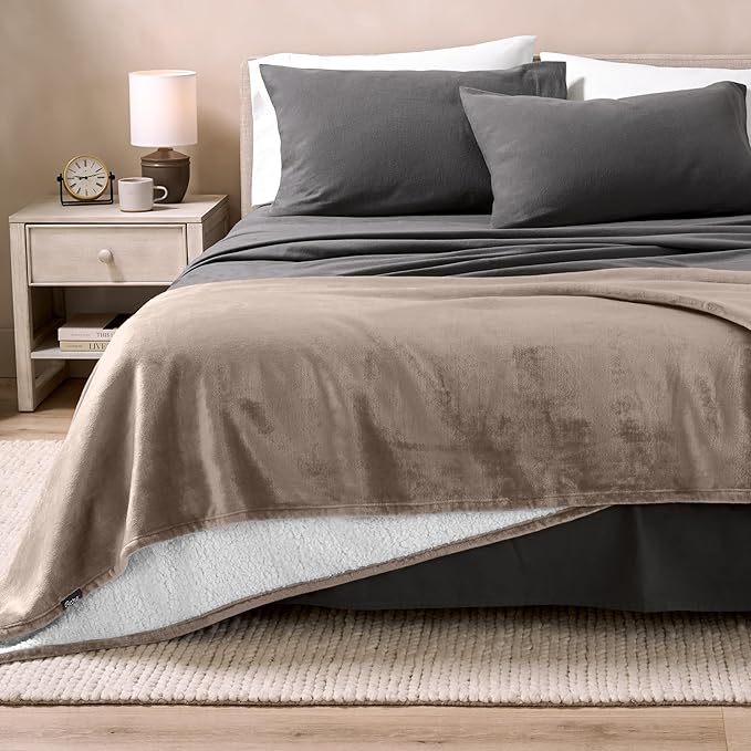 Bare Home Sherpa Fleece Blanket - Full/Queen Size - Blanket for Bed, Sofa, and Couch - Warm & Lightweight - Fluffy & Soft - Reversible (Full/Queen, Taupe)