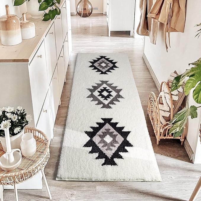 DEXDE Bathroom Runner Rugs 20x72 Boho, Long Bath Mat for Bathroom Bedroom Hallway Kitchen Luxury Soft Absorbent Large Modern Geometric Carpet Bath Rugs Western Farmhouse Decor, Black White