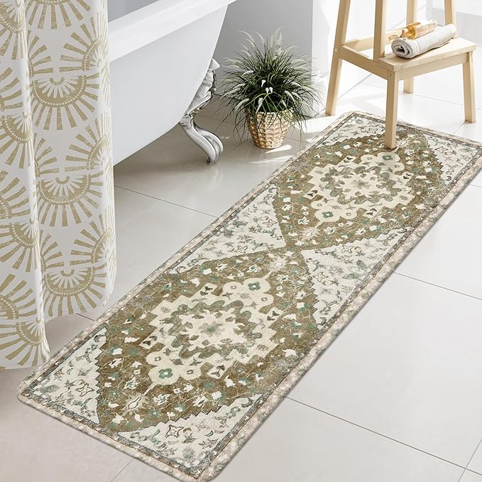 Uphome Boho Vintage Non-Slip Soft Long Bath Mat Oriental Tribal Machine Washable Bath Rugs, 20x59 inch Khaki