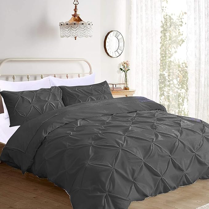 Pinch Pleated Duvet Cover Set 100% Brushed Microfiber 3PC Alaska King Size 120x132 Duvet Cover Set, Decorative Pinch Design Dark Grey Duvet Cover with Matching Pillow Case