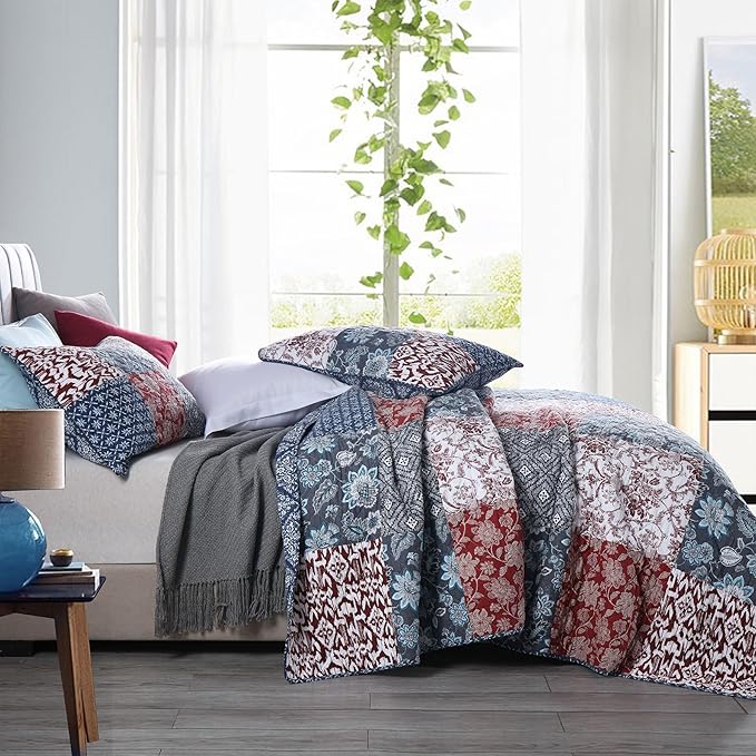Secgo King Size Comforter Set- 100% Cotton Quilt King Size Set, Burgundy bedspreads (96 * 108 Inch) with 2 Pillow Shams, Patchwork Reversible Lightweight Bedding