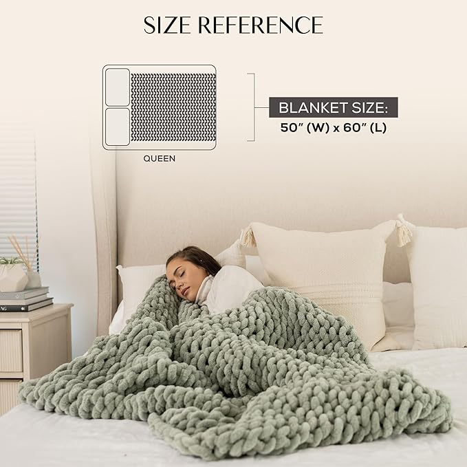 SAMIAH LUXE Sage Green Chunky Knit Blanket Throw 50x60, Chenille Chunky Knit Throw Blanket for Living Room Decor or Boho Decor, Thick Yarn Knitted Blankets for Couch or Bed, Knitted Crochet Blankets