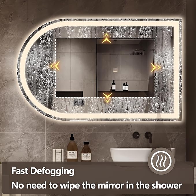 Niccy Arched LED Bathroom Mirror, 48x30 Arch Wall Mounted Frameless Bathroom Mirror for Vanity, Smart Lighted Frontlit Mirrors with Memory Function for Bathroom Bedroom Beauty Hair Salon