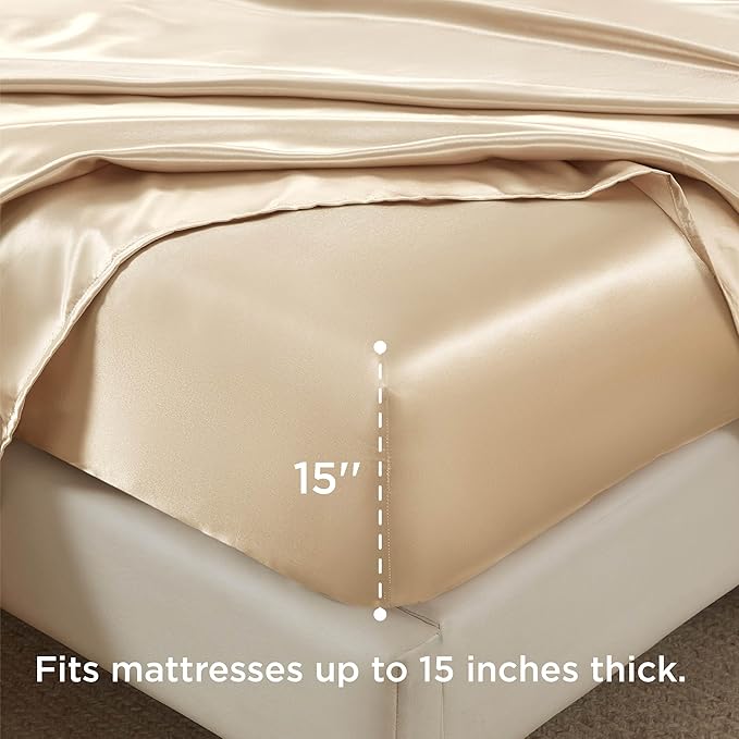 Bedsure Satin Sheets Queen Size - 4 Piece Silky Bedsheets with 15 Inches Deep Pocket Fitted Bedsheet,1 Flat Sheet, 2 Satin Pillowcases, Good for Hair & Skin (Queen, Champagne)