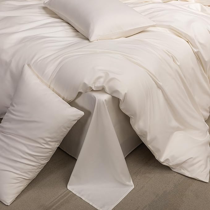 MooMee Duvet Cover Set 100% Extra Long Staple Cotton 600 Thread Count Silky Sateen Smooth Luxury Soft Breathable Durable Hotel Quality Bedding, 2 Pieces (Creamy White,Twin 68"x90")