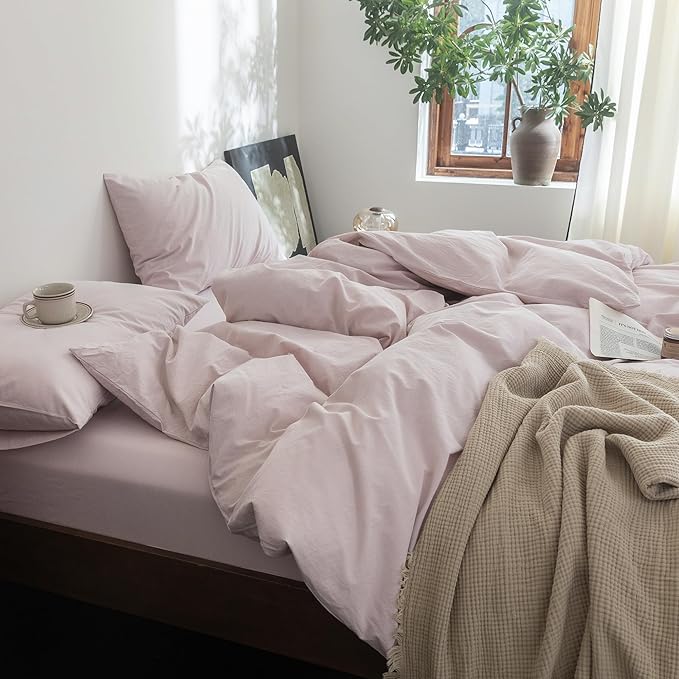 FOSSA Duvet Cover Set 100% Washed Cotton Linen Feel Super Soft Breathable Cozy 3 Pieces Bedding Sets Solid Greyish Pink California King