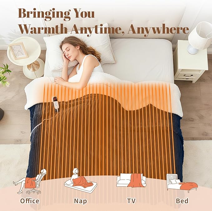 Electric Heated Blanket Twin Size - 62"x84" Fast Heating Bed Blankets with 6 Heating Levels & 10 Hours Auto Off, Soft Ribbed Flannel Sherpa, Over-Heated Protection ETL, Navy Blue