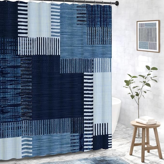 Navy Blue Fabric Shower Curtain,Modern Abstract Geometric Shower Curtain for Bathroom,72" W X 72" L