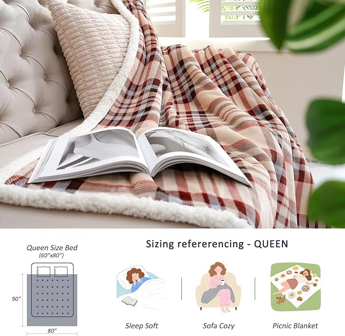 Sherpa Blanket Throw Blanket for Couch Sherpa Fleece Blanket Fluffy Checkered Soft Blanket for All Season Use Cozy Thick Warm Big Throws (Beige-Plaid, 60"*80")