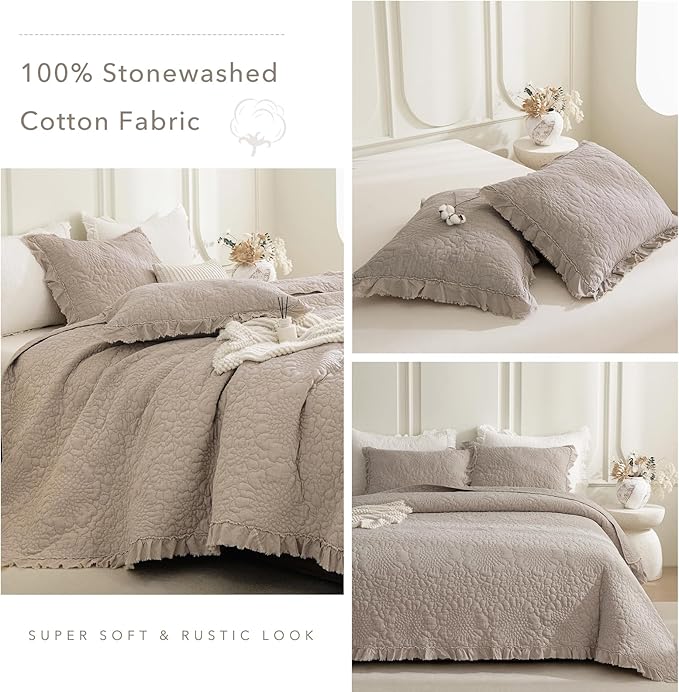 QSH 3PCs Linen Feel Oversized King Quilt Bedspread Set(120"x120"),Stonewashed Cotton Ruffled Quilt California King,Ultra Soft Lightweight Crinkle Shabby Bedspread Coverlet Bedding Set for All Seasons