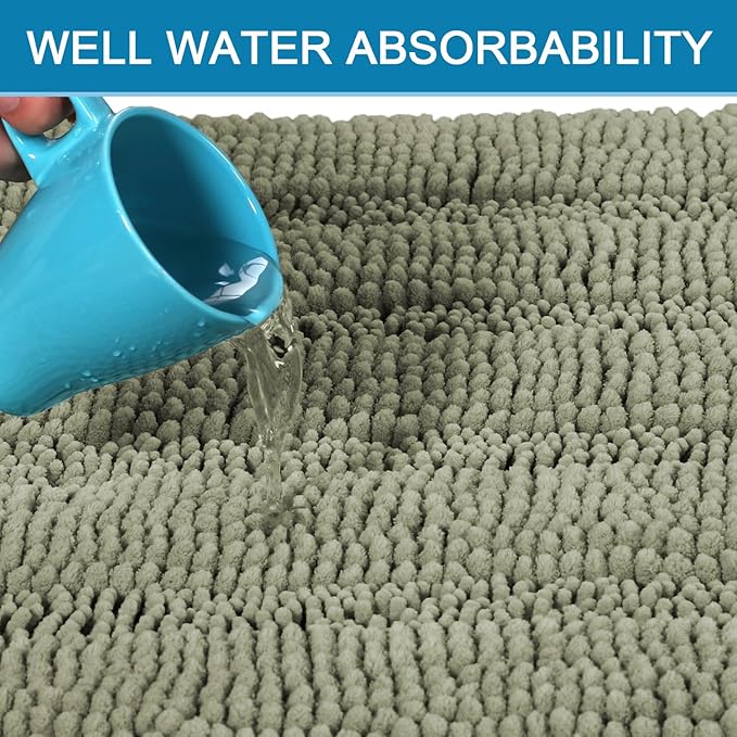 H.VERSAILTEX Bathroom Rug Sets 2 Piece Bath Mats Non Slip Thick Soft Chenille Striped Bath Rug achine Washable Shower Floor Rugs for Tub, Shower and Floor (Eucalyptus Green, 20"x32" Plus 20"x20" U)