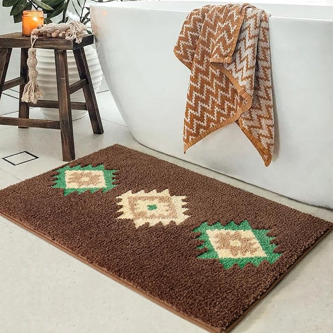 DEXDE Boho Bathroom Rugs Brown Aztec Bath Mat Non Slip Western Geometric Bath Rug Luxury Soft Absorbent Carpet for Bathroom Shower Kitchen Entryway Farmhouse Modern Decor 20x32