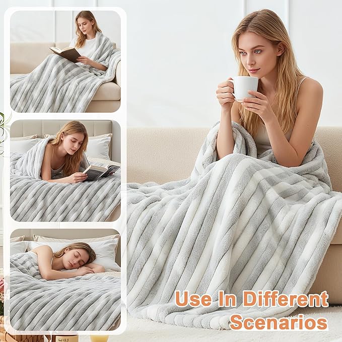Heated Blanket Throw - 50"x60" Fast Heating Bed Electric Blankets Throw with 6 Heating Levels & 4 Hours Auto Off, Soft Ribbed Faux Fur Sherpa, Over-Heated Protection ETL, Light Gray