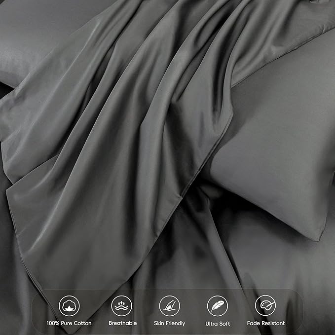 MooMee Duvet Cover Set 100% Extra Long Staple Cotton 600 Thread Count Silky Sateen Smooth Luxury Soft Breathable Durable Hotel Quality Bedding, 3 Pieces (Dark Gray, King 104"x90")