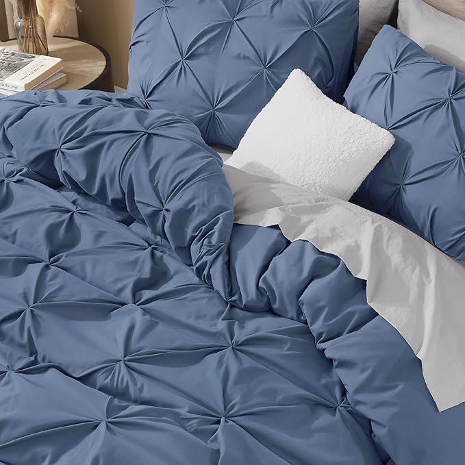 Litanika Ocean Blue King Pinch Pleat Duvet Cover, 3 Pieces Pintuck Cover Soft Microfiber Bedding Set with Zipper Closure & Corner Ties(104x90Inch-1 Duvet Cover, 2 Pillowcases)