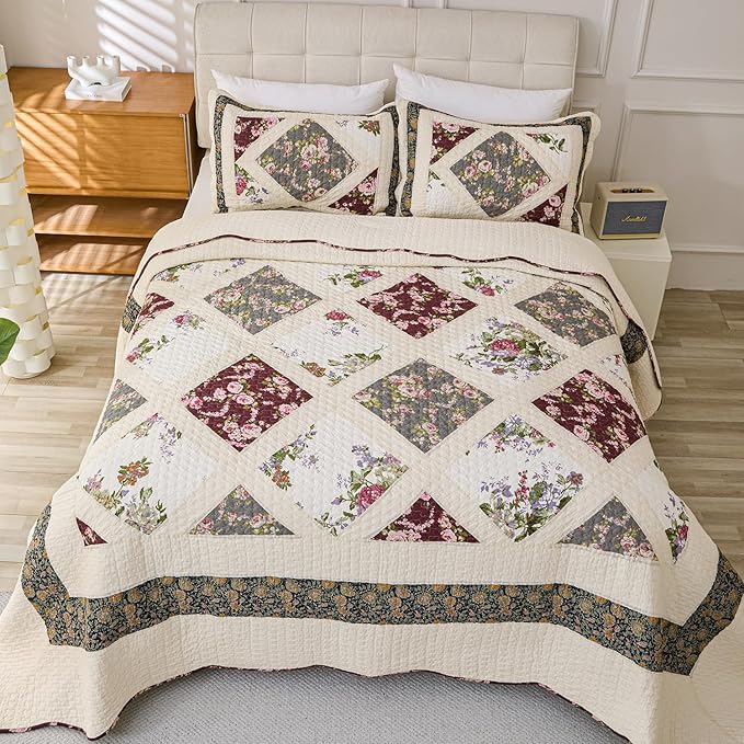 Cmfshape Floral Quilt Sets Bedspread Set 100% Cotton Patchwork Bedding Set,All Season Use Lightweight Reversible Coverlet Quilts with 2 Pillow Shams(King 106"x96")