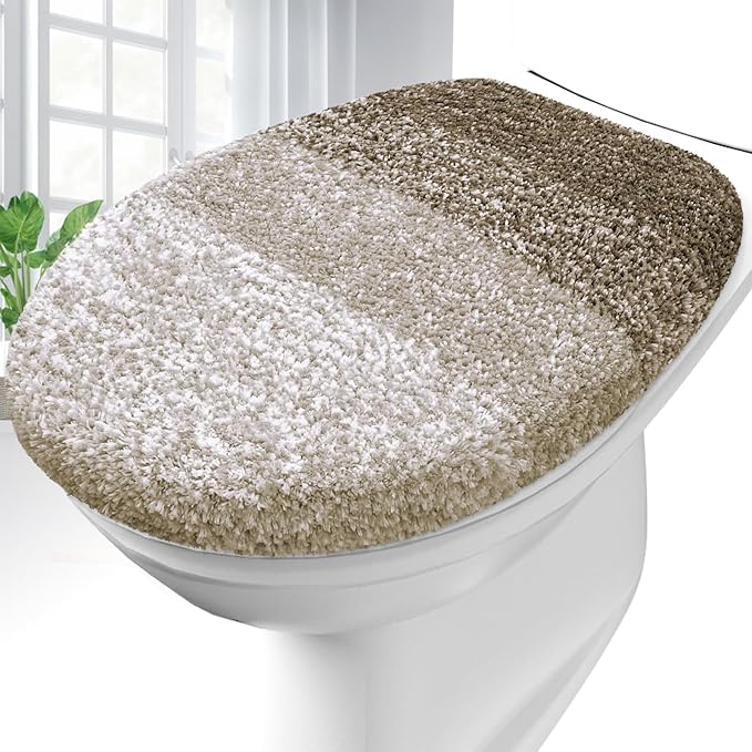 OLANLY Soft Microfiber Bathroom Toilet Lid Cover, Machine Washable Covers, 17.5x15, Stays in Place Rubber Backing, Fits Most Round, Elongated and Oblong Lids, Accessories Decor, Coffee