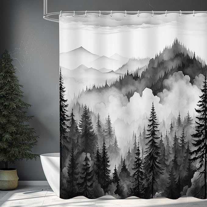Black Long Misty Pine Forest Shower Curtain 72 x 78, Mountain Foggy Woodland Scenery Tree 78 Inch Long Shower Curtains for Bathroom, Abstract Waterproof Nature-Themed Decor