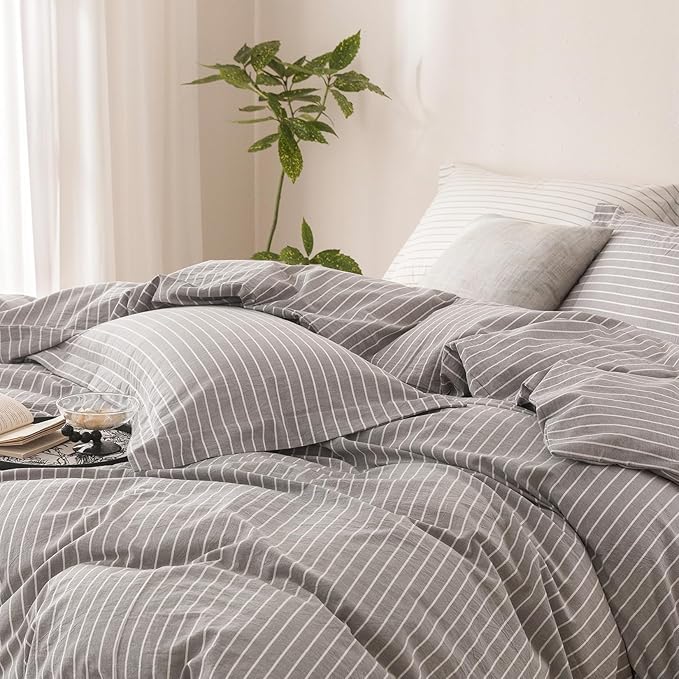 Stripe Duvet Cover King Size 104inch x 90inch, 100% Washed Cotton Linen Feel Duvet Cover, Pinstripe Duvet Cover with Zipper Closure and 2 Pillowcases, Color of Grey and White Stripe