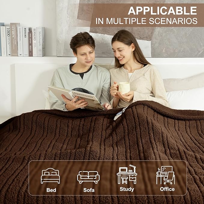 King Size Heated Blanket Single Control - Soft Double Sided Sherpa Electric Blanket with 6 Heating Levels & 10 hrs Timer Settings, Washable & Overheat Protection for Bed, Brown