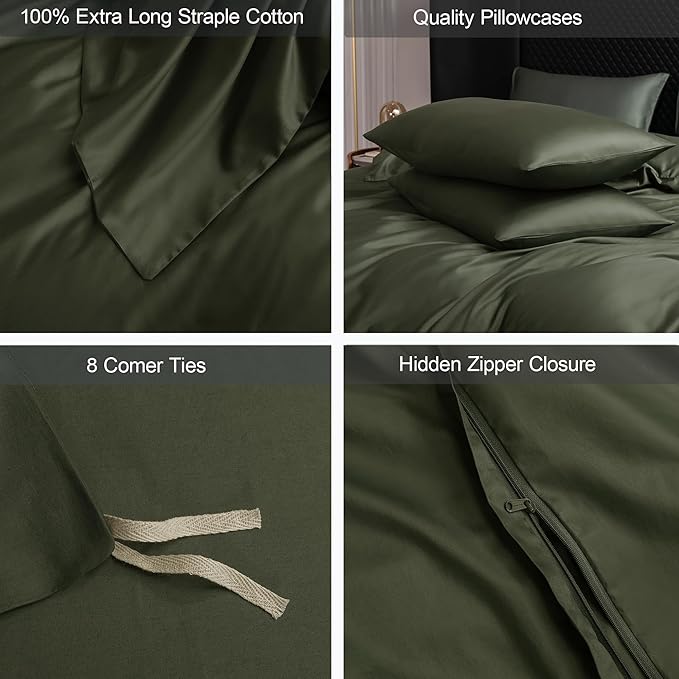MooMee Duvet Cover Set 100% Extra Long Staple Cotton 600 Thread Count Silky Sateen Smooth Luxury Soft Breathable Durable Hotel Quality Bedding, 3 Pieces (Olive Green, Queen 90"x90")